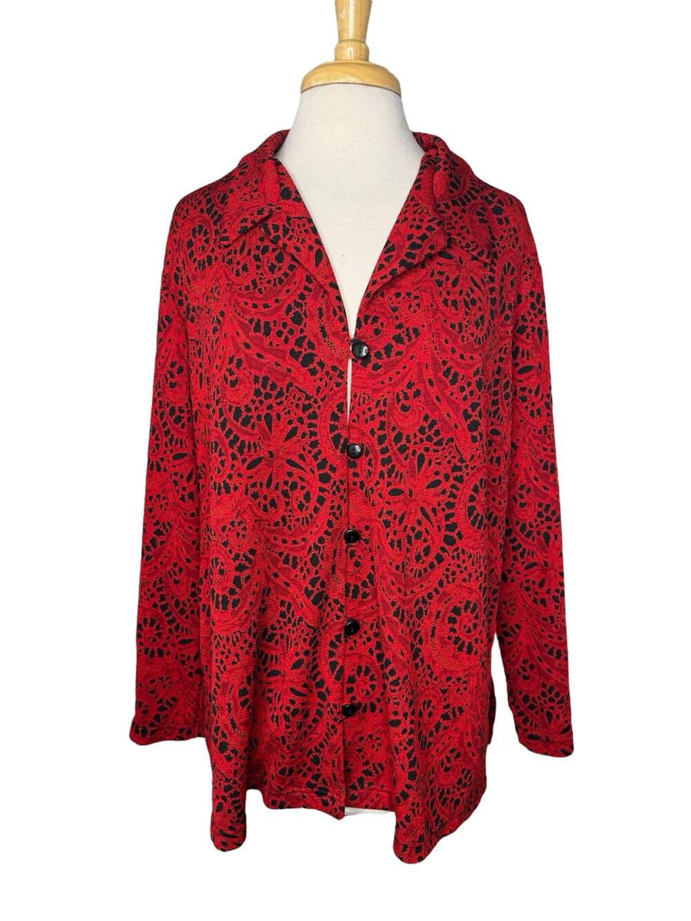 COLDWATER CREEK Vibrant Red Paisley Button Up Blouse Size 1X Womens Made in USA